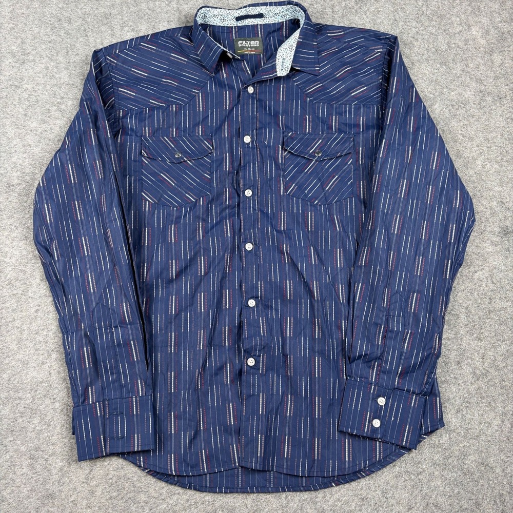 Filter Clothing Western Button‎ Up Mens XL Blue Striped Long Sleeve Flip Collar
